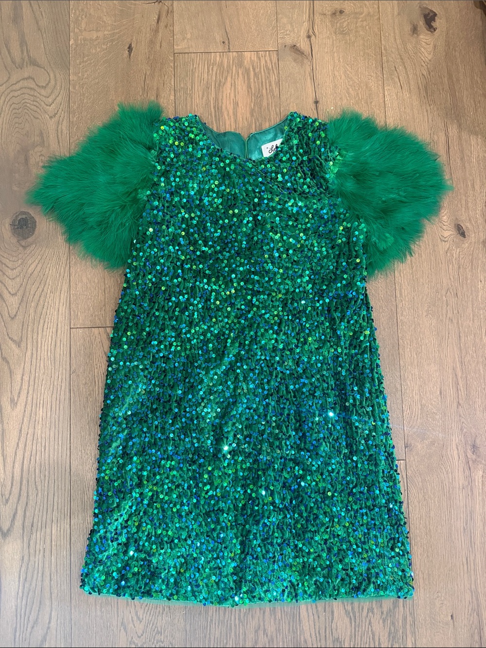 Lola + The Boys Emerald Green Sequin Dress with Feather Sleeves